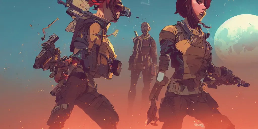 Image similar to surrounded behance hd artstation by jesper ejsing, by rhads, makoto shinkai and lois van baarle, ilya kuvshinov, ossdraws, that looks like it is from borderlands and by feng zhu and loish and laurie greasley, victo ngai, andreas rocha