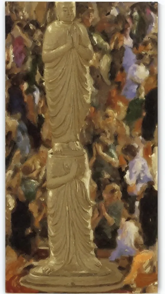 Image similar to a crowd of people pray a rabbit budda statue by john singer sargent