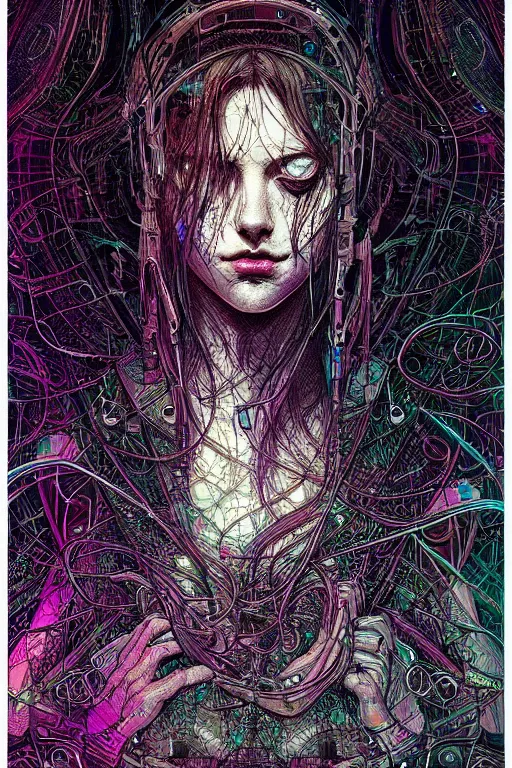 Image similar to dreamy cyberpunk girl, abstract mirrors, digital nodes, beautiful woman, detailed acrylic, grunge, intricate complexity, by dan mumford and by alberto giacometti, arthur rackham