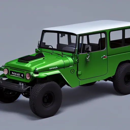 Prompt: closeup of a green Toyota Fj43 build in 1981, traveling through the mountains 8K, octane render, 8K,