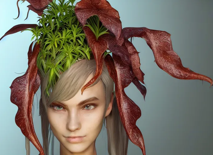 Prompt: Fantasy Alrune androgynous plant humanoid with flowers in hair plant body pitcher plant by Larry Elmore and Ilya Kushvikov, symmetrical face concept art, octane render unreal engine meta humans, artstation