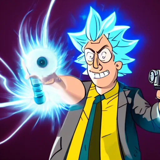 Image similar to Rick Sanchez as a real-life person, studio portrait, real-life-action movie star, holding a portal gun, opening a portal, Rick Sanchez