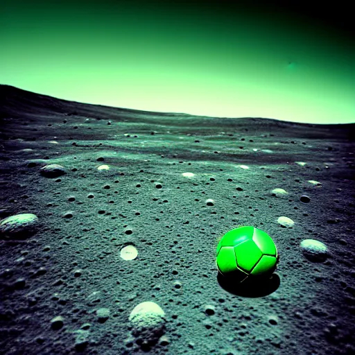 Image similar to a photography of a green soccer pitch on the moon, extreme long shot