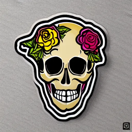 Prompt: a sticker illustration of a skull in lowbrow art style
