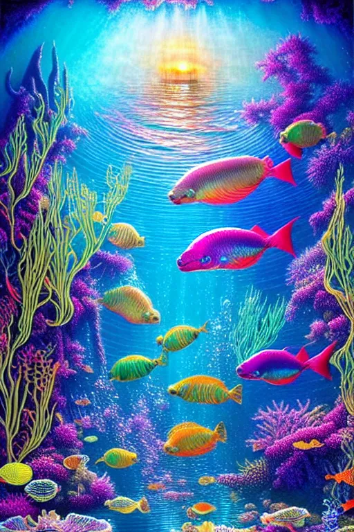 Prompt: a photorealistic detailed image of a beautiful vibrant iridescent underwater seascape of full of colorful aquatic plants, spiritual science, divinity, utopian, by david a. hardy, hana yata, kinkade, lisa frank,