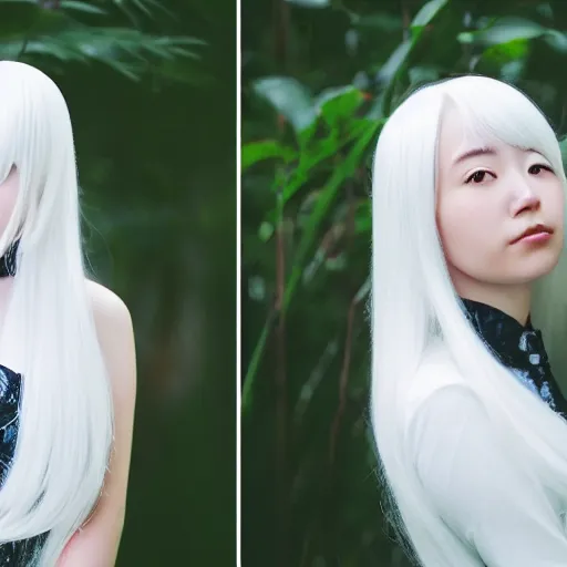 Image similar to Portrait of a japanese young lady with a long white, white hair!!!, white hair!!!, ayaka cosplay, white hair!!!, young with white hair!!!!!, Canon EOS R3, f/1.4, ISO 200, 1/160s, 8K, RAW, unedited, symmetrical balance, in-frame