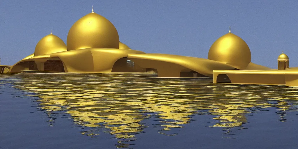 Image similar to mosque floating spaceship by louis kahn, golds fantasy world