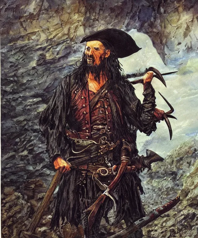 Image similar to ultra realistic color portrait painting of an ghostly 1 7 th century pirate with a sword in a grotto, dark, painted, brooding, atmospheric, seascape, lovecraft, horror, smooth, epic, highly detailed, cinematic, by angus mcbride