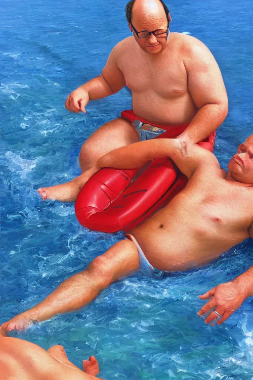 Image similar to george costanza being saved by a life guard, oil on canvas, intricate, portrait, 8 k highly professionally detailed, hdr, cgsociety