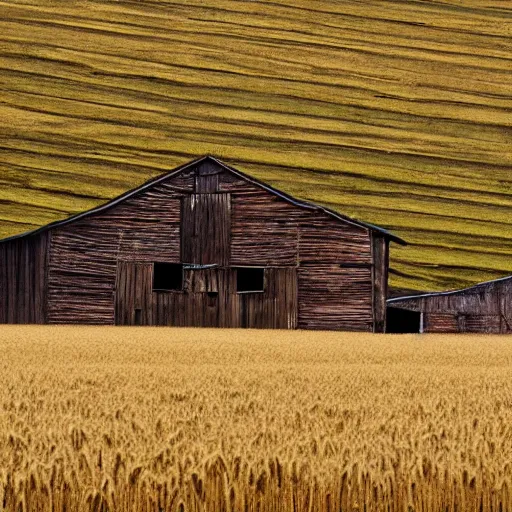 Prompt: endless field of wheat with abandoned barn