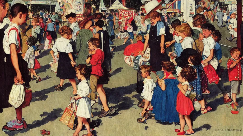 Image similar to kids wandering through a carnival, all ignoring the rides and playing on their phones instead, by Norman Rockwell