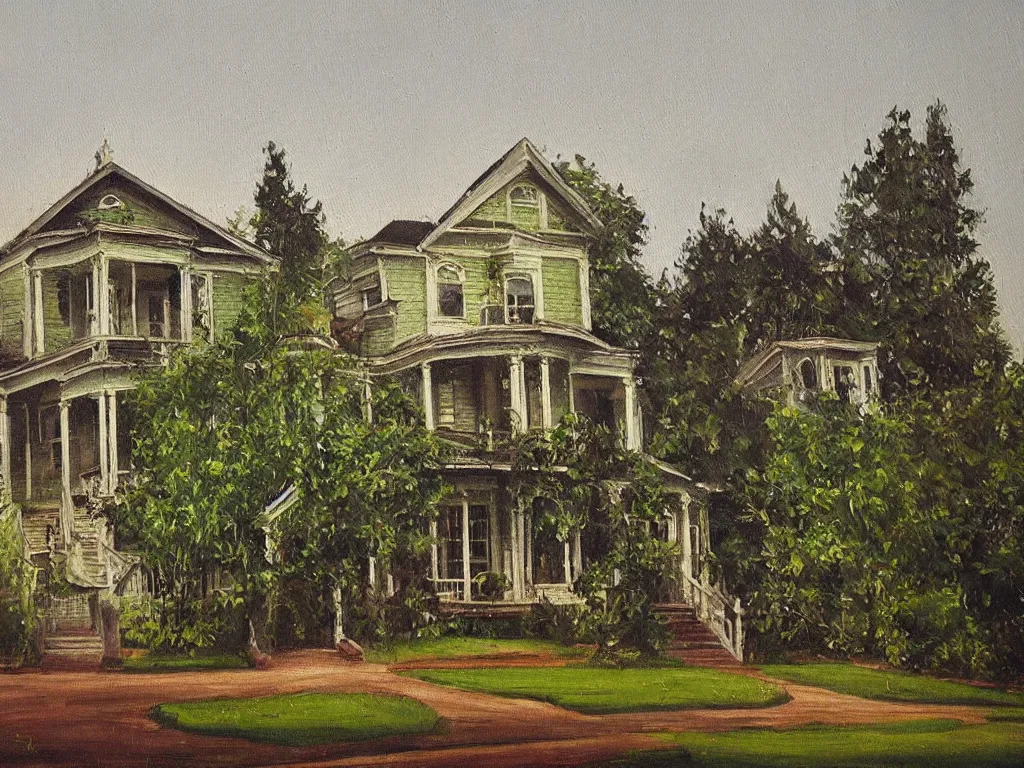 Prompt: “A oil painting of a greenVictorian house”