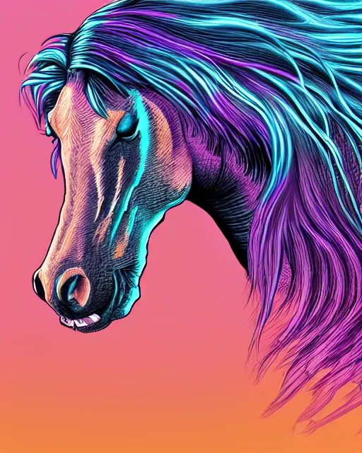 Prompt: digital horse, retrowave palette, highly detailed, anatomically correct equine, synth feel, smooth face, ear floof, flowing mane, no reins, super realism, accurate animal imagery, 4 k digital art