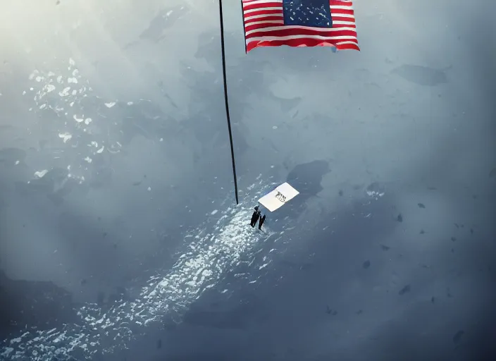 Image similar to dramatic photo of an astronaut underwater putting a flag on the bottom of the ocean. in the background, a submarine is visible. dark, concept art, cinematic, dramatic, blender, photorealistic, octane render, 8 k, volumetric lighting, dim lighting, trending on artstation