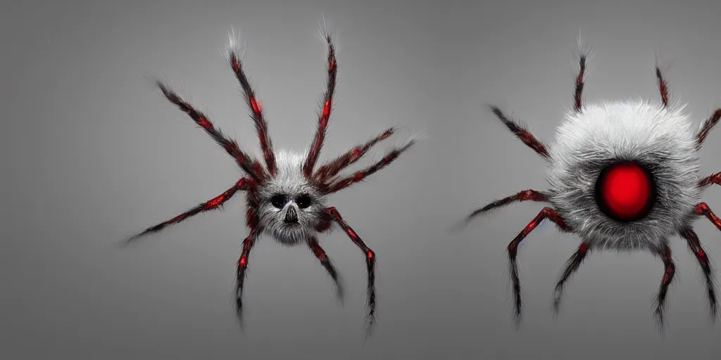 Image similar to white spider with red eyes, white background, fur, very realistic, highly detailed, hyperrealism, photo, by greg rutkowski, cinematic, dynamic lighting, octane render