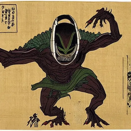 Image similar to the alien from the predator movie in the edo period. realistic.