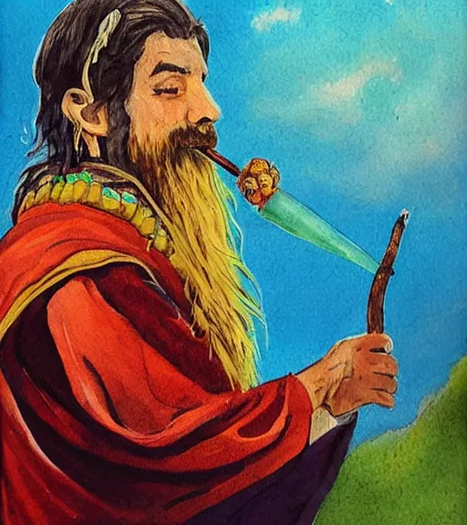 Prompt: Painting in a style of Lord of the rings of a shaman dressed in a colorful traditional clothes. He is smoking a pipe