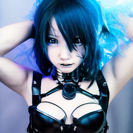 Prompt: anime character, female model with symmetric proportional body and robot head, one cyborg eye, shoulder, two robot arm, hotpants, bra top with lace, Long blue hair, cyberpunk, dark, photography, gothic fashion photograph, hyper-realistic, detailed