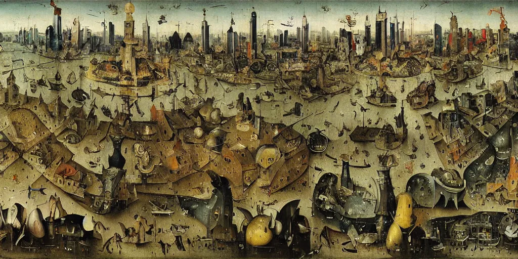 Prompt: view of a crowded cyberpunk city painted by hieronymus bosch, highly detailed, intricate, landscape, art by hieronymus bosch