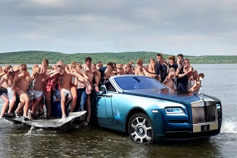 Image similar to Group of teenagers push Rolls-Royce into lake with their hands from a small slide wanting to drown him