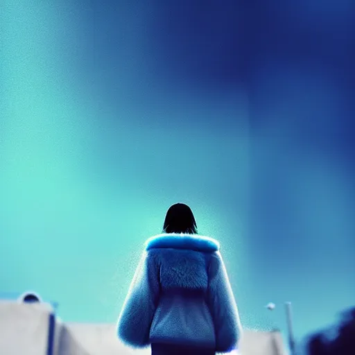 Image similar to giant droplets of water floating around a flying girl with long sky blue hair, low - angle shot from behind, blue coat, fur scarf, ultra fine detail, dark theme, realistic painting, photography, psychedelic, film still, cinematic, wlop, ilya kuvshinov, ismail inceoglu,