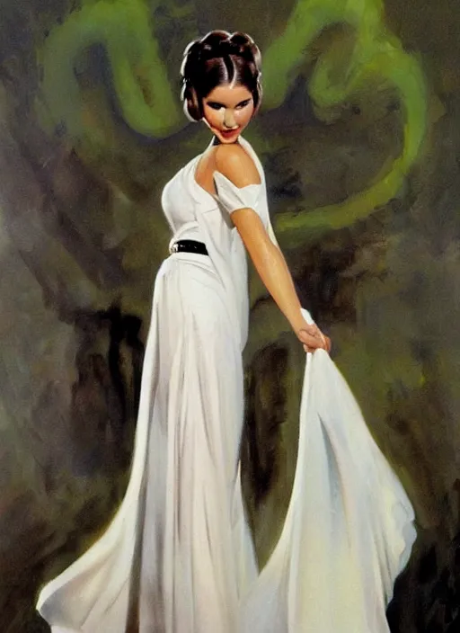 Prompt: oil painting of Princess Leia white ceremony gown by frank frazetta alluring pin up deviant art