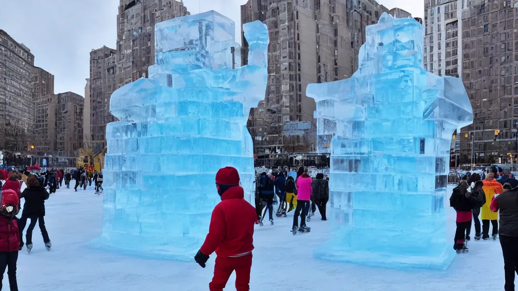 Prompt: a giant ice sculpture of a super hero, people are ice skating around it.