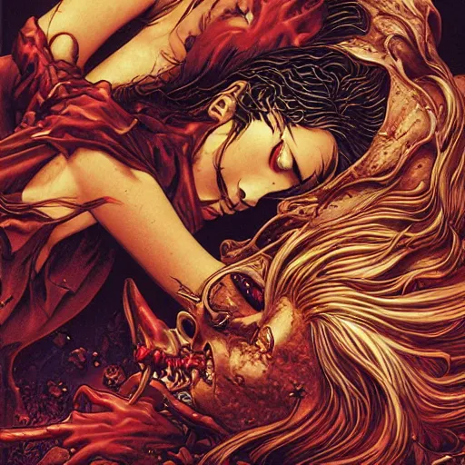 Image similar to closeup of melting kissing vampires, catelvania, by yoichi hatakenaka, masamune shirow, josan gonzales and dan mumford, ayami kojima, takato yamamoto, barclay shaw, karol bak