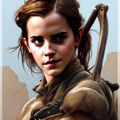 Prompt: emma watson portrait of a rugged ranger, muscular, upper body, hairy torso, D&D, fantasy, intricate, elegant, highly detailed, digital painting, artstation, concept art, matte, sharp focus, illustration, art by Artgerm and Greg Rutkowski and Alphonse Mucha