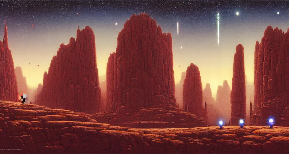 Image similar to small robot shrines connected to the side of an underground rockwall, underneath a star filled night sky, harold newton, zdzislaw beksinski, donato giancola, warm coloured, gigantic pillars and flowers, maschinen krieger, beeple, star trek, star wars, ilm, atmospheric perspective