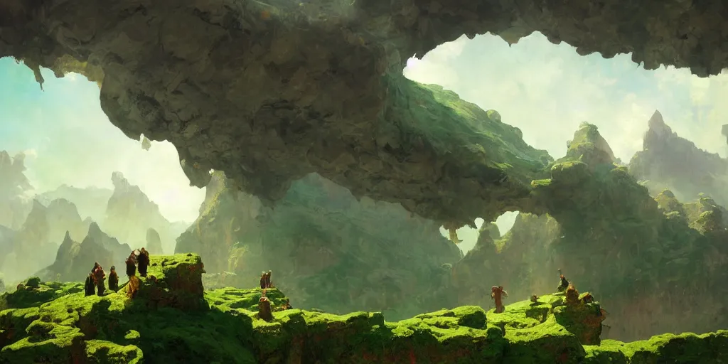 Image similar to huge cave ceiling clouds made of green earth towns, villages castles, buildings inverted upsidedown mountain artstation illustration sharp focus sunlit vista painted by ruan jia raymond swanland lawrence alma tadema zdzislaw beksinski norman rockwell tom lovell alex malveda greg staples