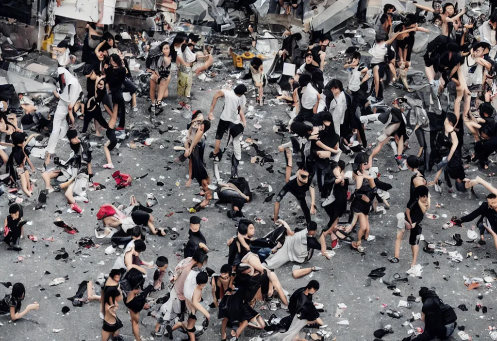 Prompt: fashion editorial in hong kong riot.