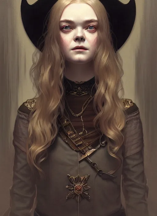 Prompt: symmetry!! portrait of elle fanning as a western outlaw, horror, fashion, dark!! intricate, elegant, highly detailed, digital painting, artstation, concept art, smooth, sharp focus, illustration, art by artgerm and greg rutkowski and alphonse mucha