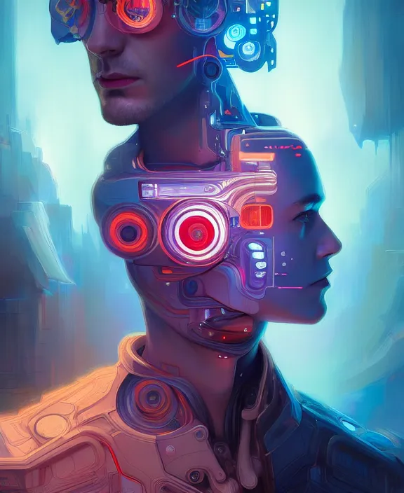 Image similar to a whirlwind inside the metaverse, guy, male, man, hologram, half body, neurochip, android, cyborg, cyberpunk face, by loish, d & d, fantasy, intricate, elegant, highly detailed, colorful, digital painting, artstation, concept art, art by artgerm and greg rutkowski and alphonse mucha