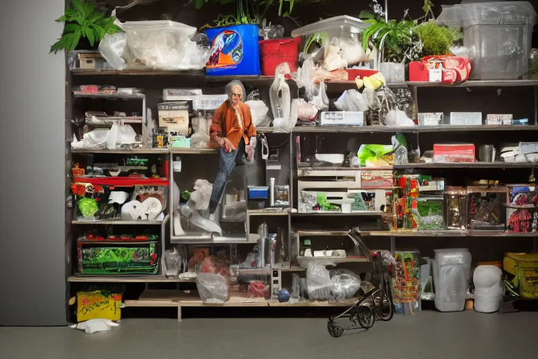 Image similar to garage with carnivorous plants on the shelves and packing peanuts on the floor, scene from tv show hyper detailed 5 5 mm 8 5 mm, low - light photography by tyler mitchell, made out of plastic