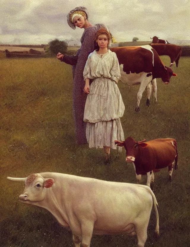 Prompt: portrait of peasant girl and cow on a farm, cottage core, polaroid photo bleached vintage pastel colors high - key lighting, soft lights, foggy, by steve hanks, by lisa yuskavage, by serov valentin, by tarkovsky, 8 k render, detailed, oil on canvas