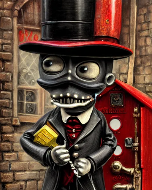 Image similar to highly detailed closeup, portrait of a tin toy jack the ripper in tin toy victorian london streets, hyper realistic, artstation, illustration, nicoletta ceccoli, mark ryden, lostfish, dan decarlo, bob clampett, max fleischer, digital paint, matte paint, vivid colors, detailed and intricate environment