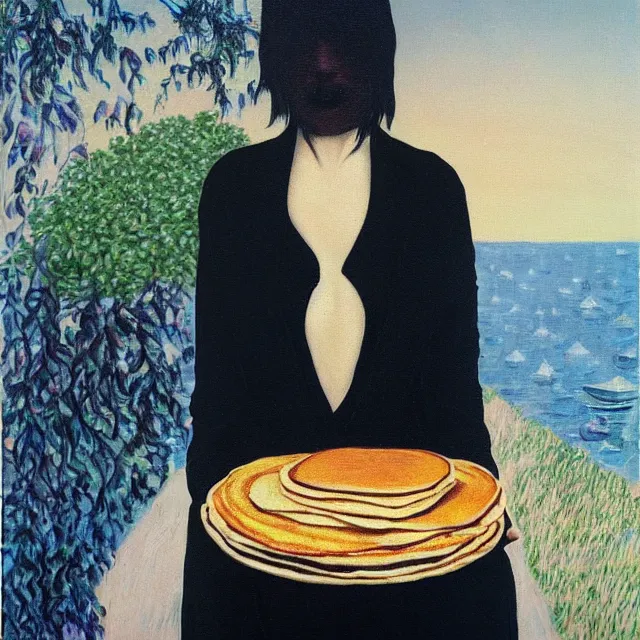 Image similar to tall emo female artist holding an artist's palette, pancakes, in chippendale sydney, gold bars, maple syrup, snails, berries, pigs, octopus, broomstick, acrylic on canvas, surrealist, by magritte and monet