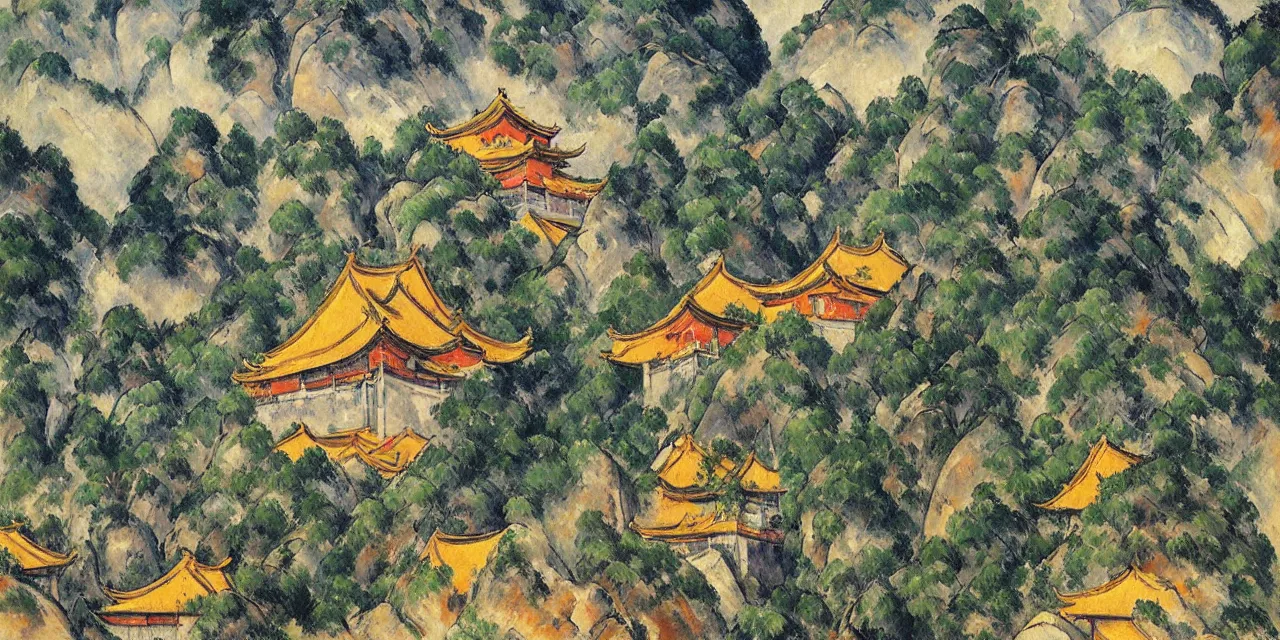 Image similar to the taoist temples of huangshan, landscape painting by paul cezanne