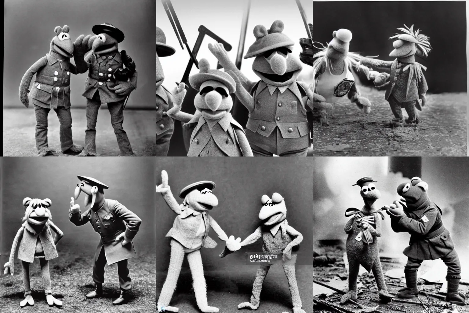 Prompt: The Muppets fighting in World War 1, black and white vintage photography