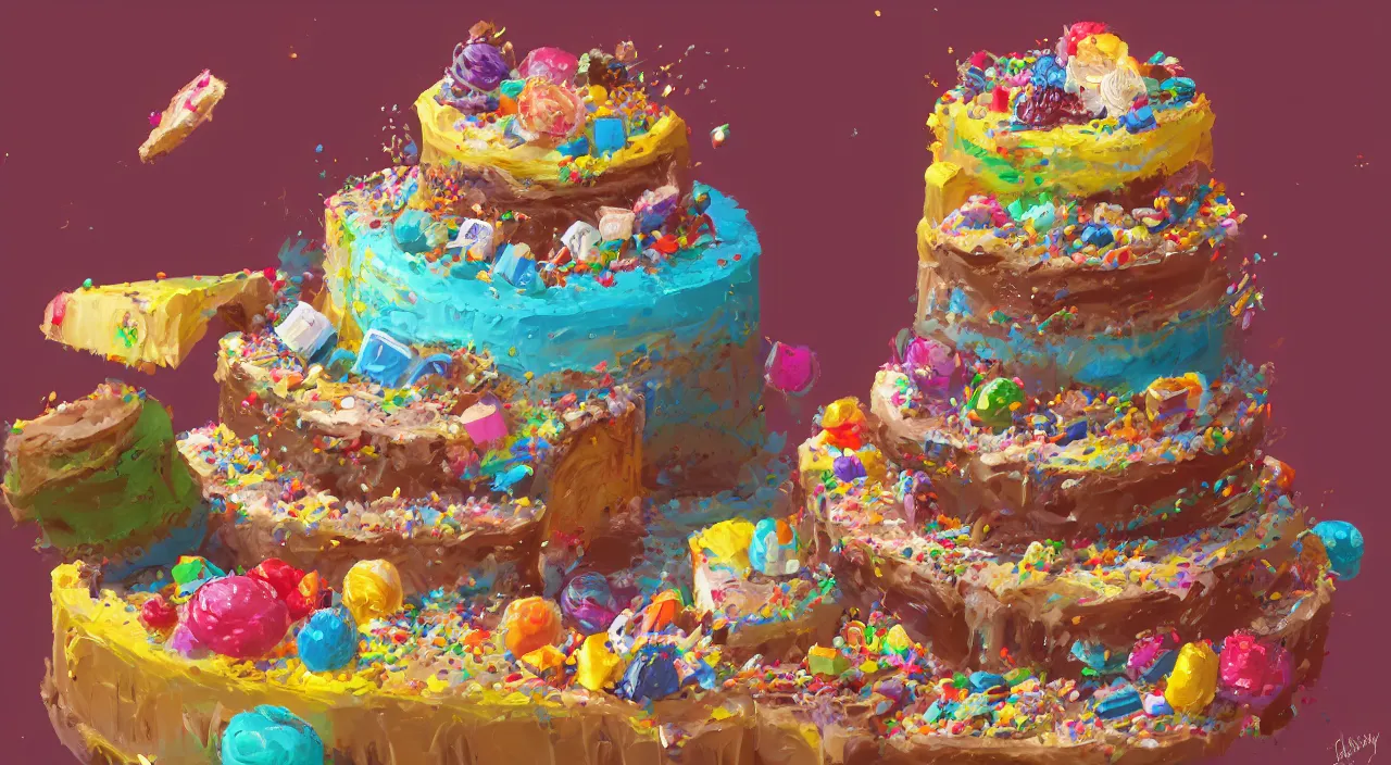 Image similar to a colorful digital painting of a cake with lots of sweets on it, by greg rutkowski and james gurney, trending on artstation