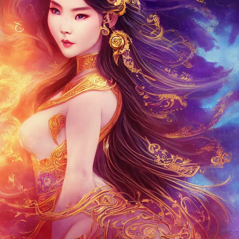 Image similar to beautiful cinematic fantasy poster, a beautiful vietnamese goddess wearing an ornate ao dai with flowing illuminated hair, beautiful glowing galaxy eyes, wideshot ultrawide angle epic scale, hybrid from The Elden Ring and art direction by Darius Zawadzki ;by artgerm; wayne reynolds art station; cinematic quality character render; low angle; ultra high quality model; production quality cinema model;