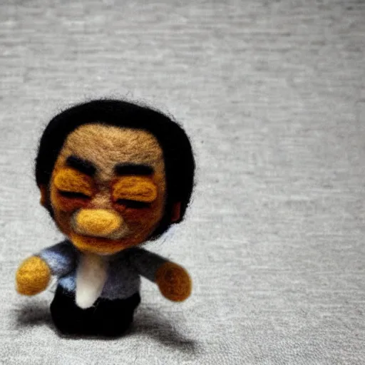 Image similar to needle felted Samuel L Jackson as Jules in Pulp Fiction (1994), highly detailed, tilt shift, eerie!!!, hyperrealism, highly textured, god rays