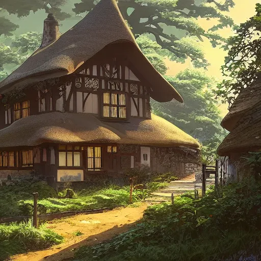 Image similar to concept art painting of an english european cottage with japanese architecture, in the woods, cozy, realistic, detailed, cel shaded, in the style of makoto shinkai and greg rutkowski and james gurney