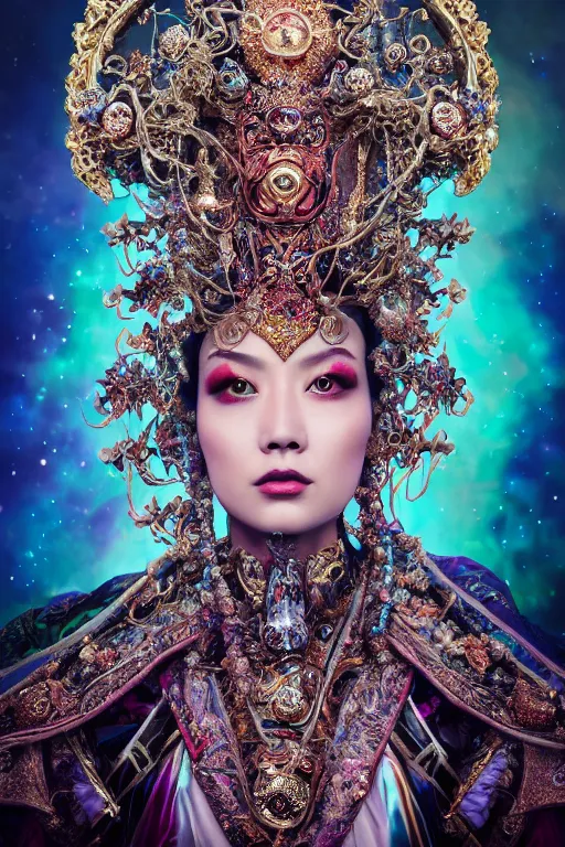 Image similar to a beautiful empress portrait, with a brilliant, impossible striking big cosmic galaxy headpiece, clothes entirely made out of cosmos chaos energy, symmetrical, dramatic studio lighting, rococo, baroque, jewels, asian, hyperrealism, closeup, D&D, fantasy, intricate, elegant, highly detailed, digital painting, artstation, octane render, 8k, concept art, matte, sharp focus, illustration, art by Artgerm and Greg Rutkowski and Alphonse Mucha