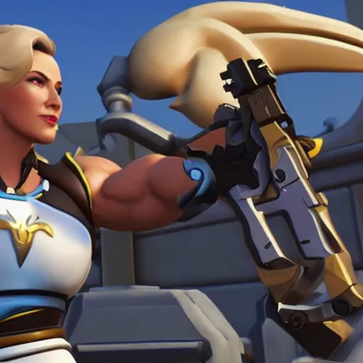 Image similar to a screenshot of arnold schwarzenegger as mercy in overwatch