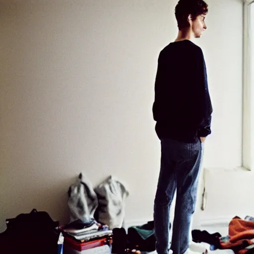 Image similar to kodak portra 4 0 0 photograph of a skinny guy wearing big black sweater standing in cluttered 9 0 s bedroom, back view!, moody lighting, telephoto, 9 0 s vibe, blurry background, vaporwave colors!, faded!,