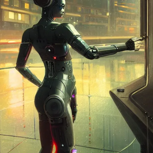 Image similar to detailed portrait of a cybernetic woman android, moment, cyberpunk elevated train, electronic billboards, tech noir, wet reflections, atmospheric, ambient, livia prima, greg rutkowski, edward hopper, pj crook