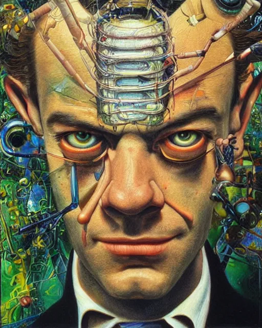 Image similar to a surrealistic portrait of Agent Smith, face in detail, painting by Patrick Woodroffe and Salvador Dali, highly detailed, trending on artstationhq