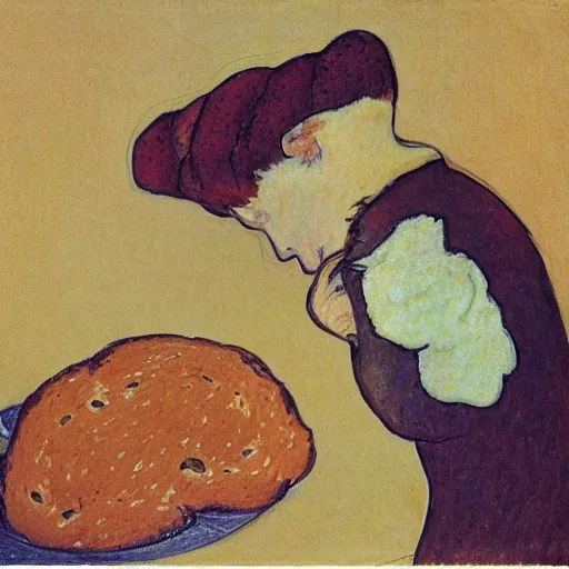 Prompt: A bread with chocolate hugging another bread with chocolate, Toulouse Lautrec style